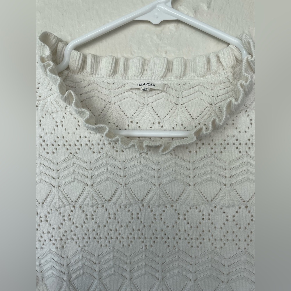 Tularosa Lana 100% nylon knit sweater, cream/white, ruffle neck, cropped; size S - Picture 2 of 9